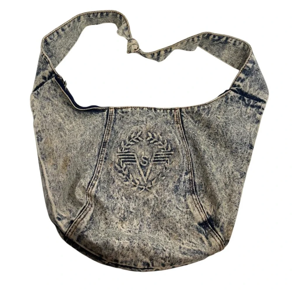 Vintage Y2K 90s Acid Wash Denim Hobo Bag Shane's Logo Retro‎ Slouchy Shoulder